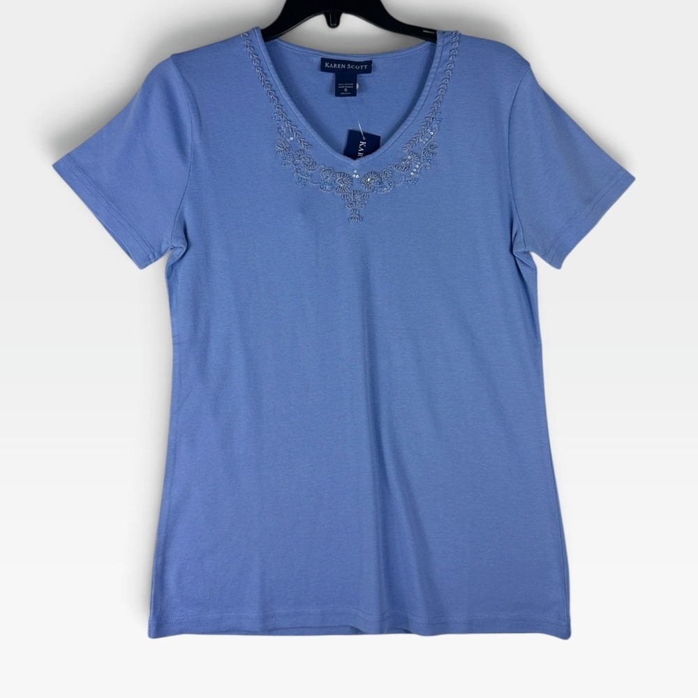 Karen Scott V-Neck T-Shirt Women Small Perri Blue Beaded Embroidered Cotton NEW